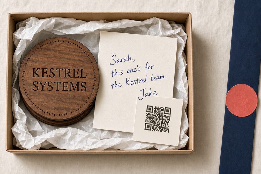 Open package with engraved coasters, a handwritten card, and a QR code card