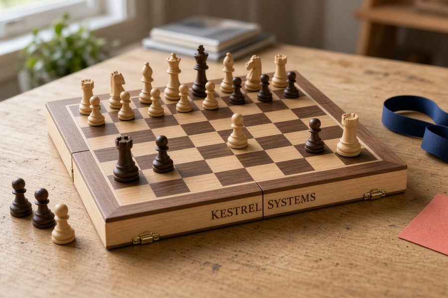 Folding wooden chess set with a company name engraved on the edge