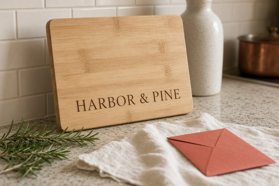 Bamboo cutting board engraved with a company name