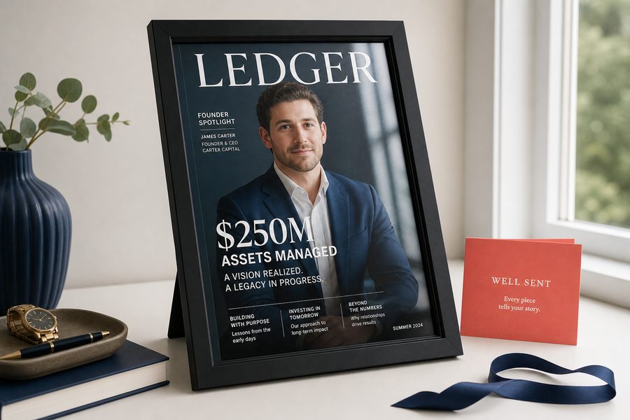 A personalized magazine-style cover, framed and staged on a desk next to a Well Sent card