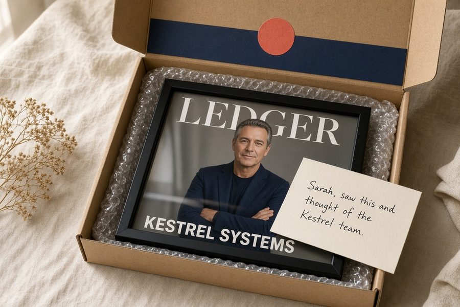 An opened Well Sent Mail package with a framed magazine cover in bubble wrap and a handwritten note